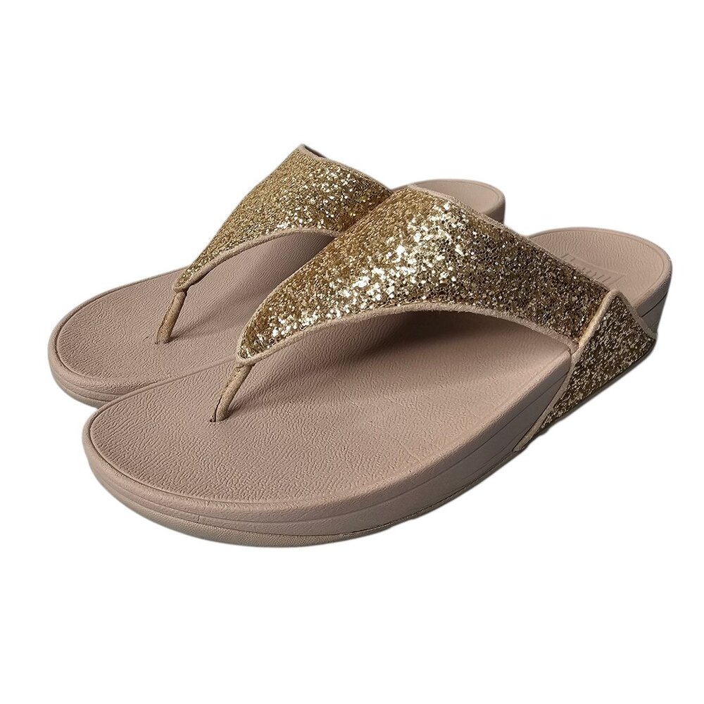 Fitflop 10 Gold Lulu Glitter Toe Thongs Sandals Comfort Summer Vacation Glam
